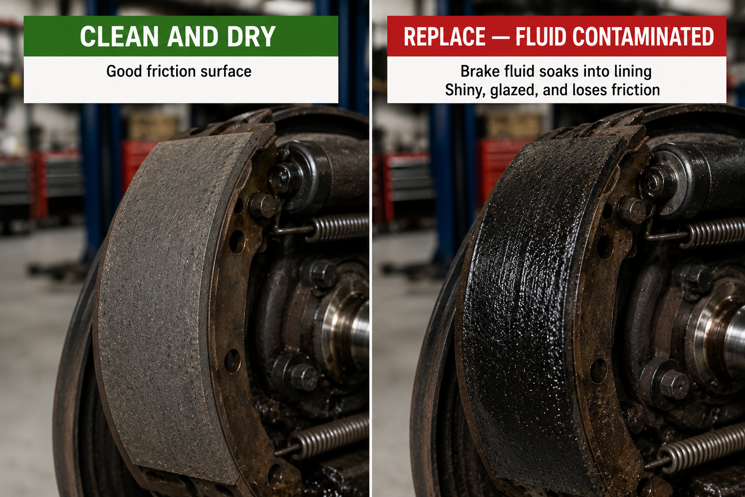 Brake fluid-contaminated brake shoe linings that must be replaced