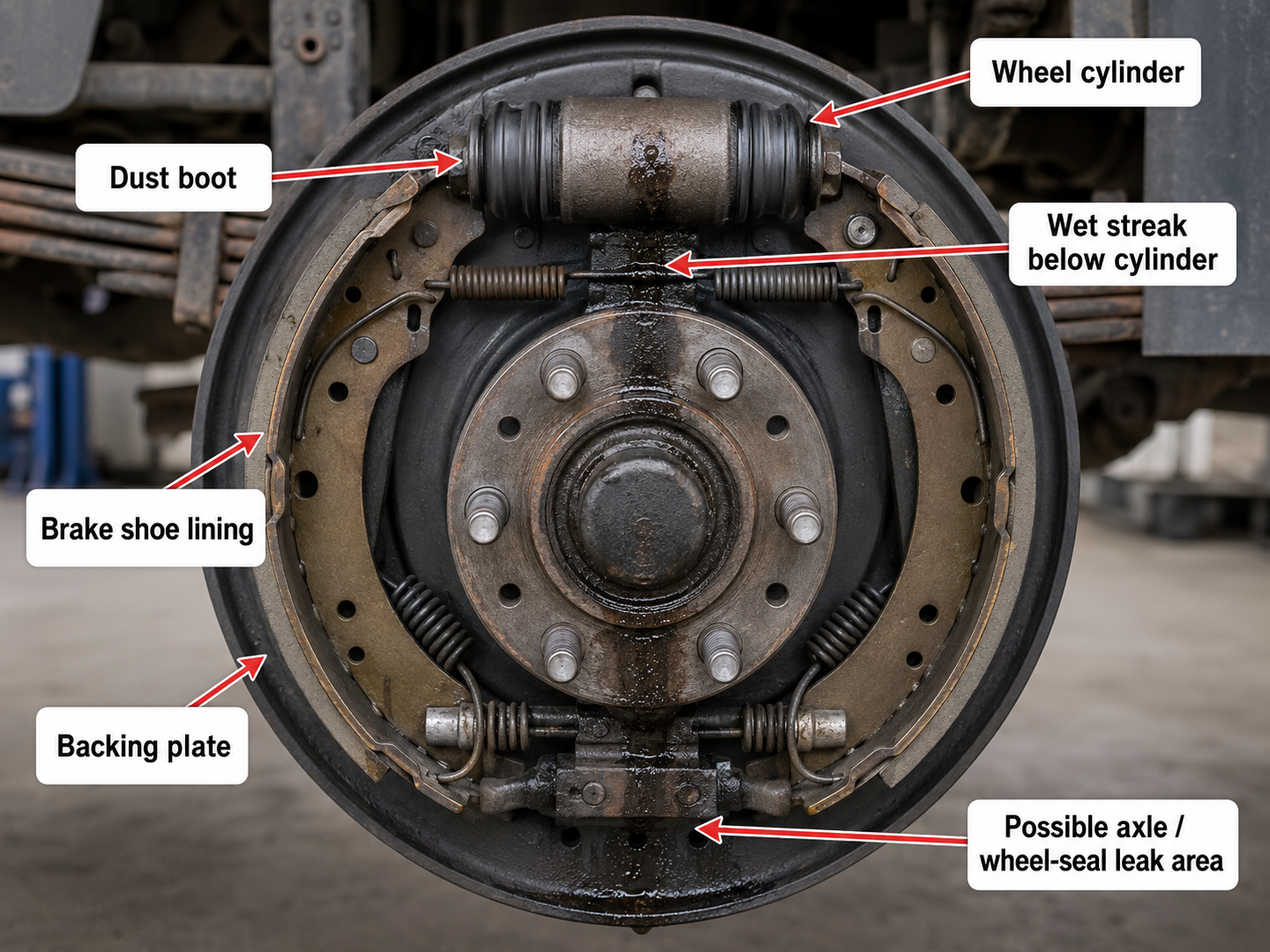 Peeling back the wheel cylinder dust boot to check for brake fluid