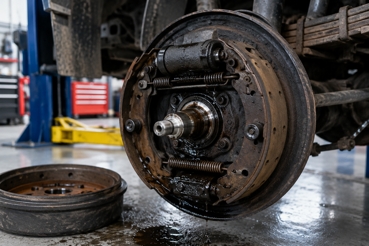 Leaking drum brake wheel cylinder on the backing plate