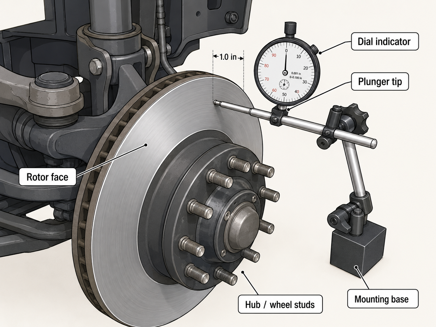 Checking rotor lateral runout with a dial indicator
