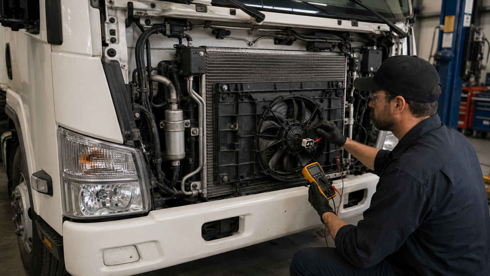 Truck A/C condenser and cooling fan airflow path